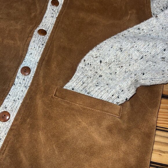 J. Crew Irish Donegal Wool Leather V Neck Cardigan Mens Size Large Brown Beige - Picture 6 of 9